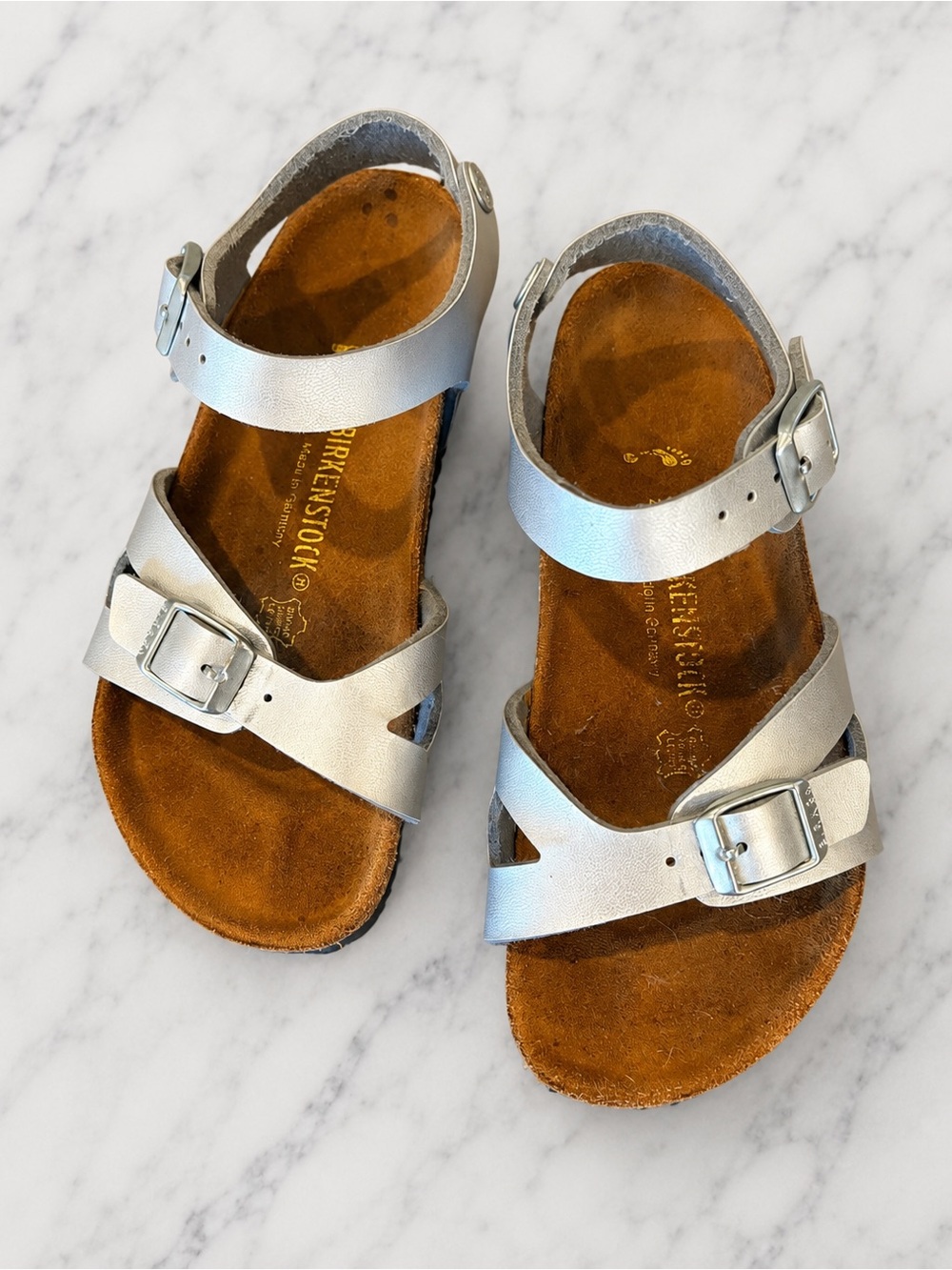 Birkenstock Rio Kids Metallic Silver Birko-Flor Sandals Adjustable Buckle EU 32